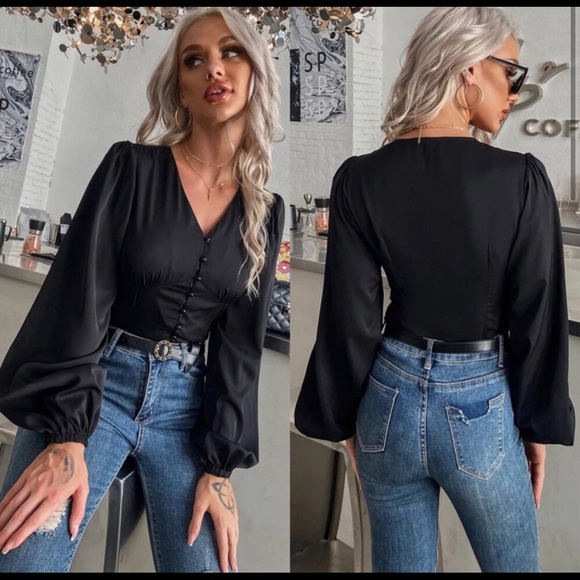 Rust V neck button down balloon sleeve blouse - Picture 8 of 9